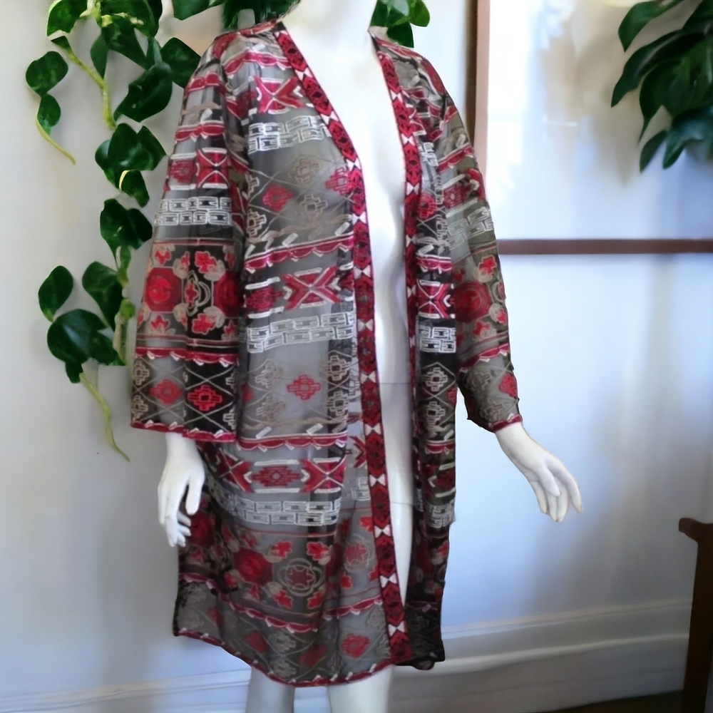 Catherine's 1X Tribal Art-to-Wear Mesh Open Lace Embroidered Boho Duster